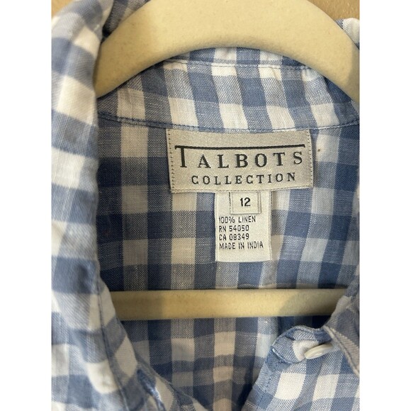 Talbots Top Women L Drawstring Blue Linen Gingham Plaid Long Sleeve Capsule VTG - Picture 2 of 12